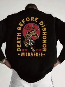 Áo thun cổ tròn tay dài in họa tiết chữ Tiger & English cỡ lớn dành cho nam, mùa thu/đông - màu đen - Xem 1