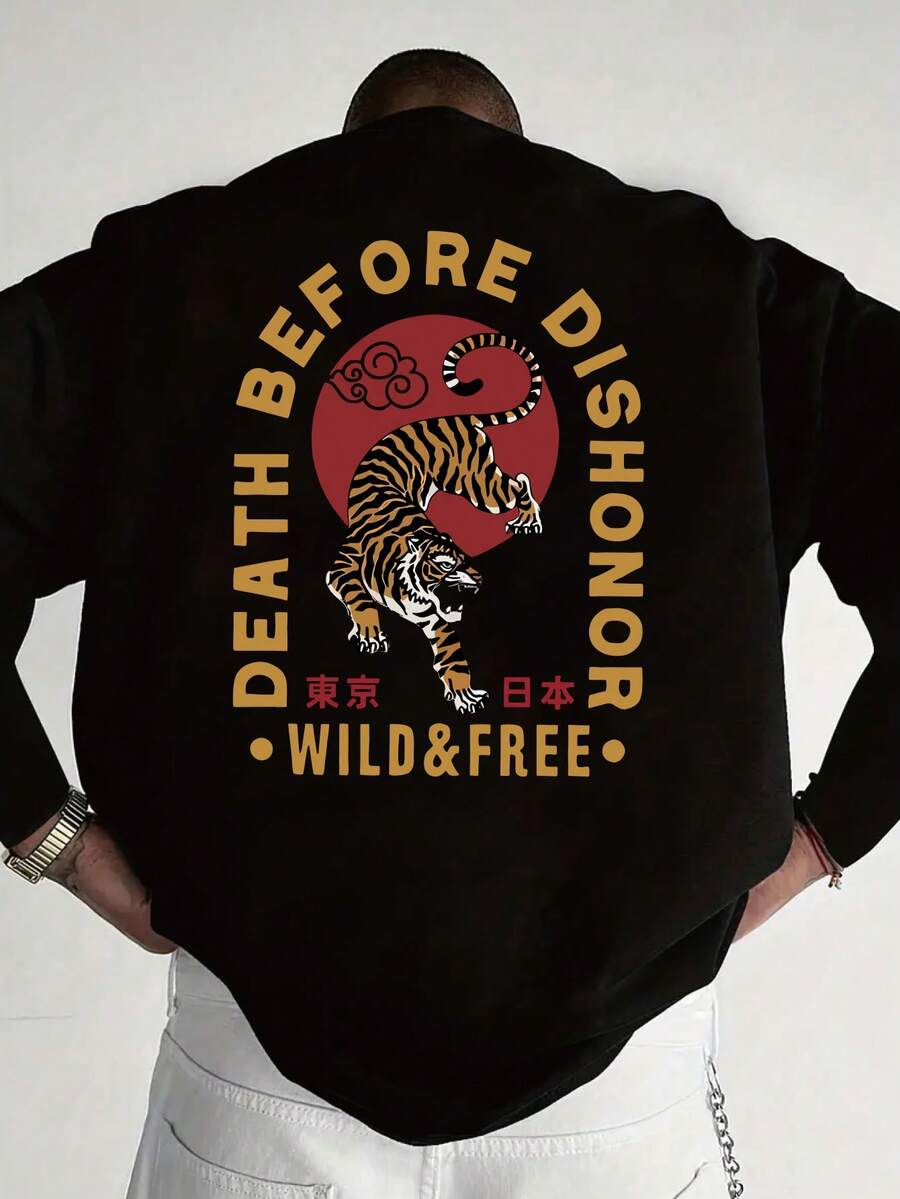 Áo thun cổ tròn tay dài in họa tiết chữ Tiger & English cỡ lớn dành cho nam, mùa thu/đông - màu đen - Xem 1