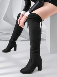 Women Black Long Boot Chunky Heel Soft Faux Fur Over The Knee High Boots Elastic Suede Leather Sock Boots For Autumn Winter Wearing - 黑色 - 查看 1