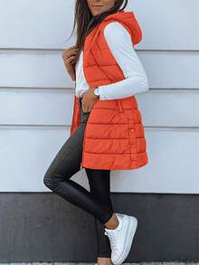 Elegant Women's Thickened Warm Hooded Vest - Solid Color, Long Sleeve, All Season Jacket, Fashionable Streetwear, All Season Coat, Chic Streetwear, Durable Outerwear, Solid Color Zipper Pocket With Drawstring - Orange - View 5