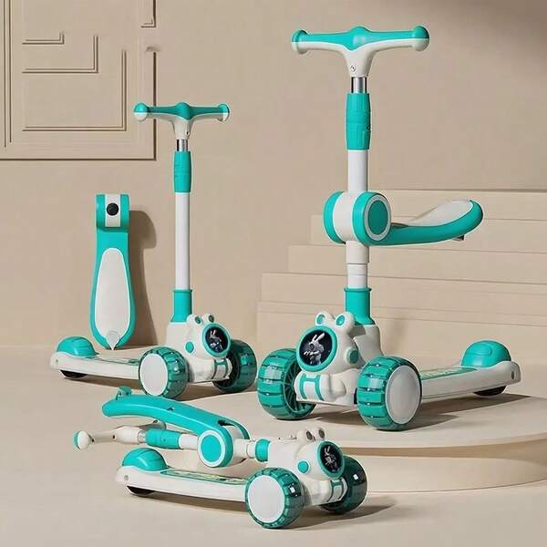 Kids 3 Wheel One Key Folding Scooter Outdoor & Sports Scooter Toy With Seat LED Light Up Wheels Height Adjustable Handle Suitable From 3Years+ Holds Upto 100Kg Summer Funny Kid Toy Children Day Gift