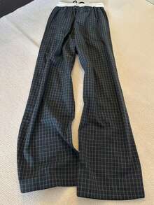 SAOYANGYU 女士休闲格子松紧腰抽绳阔腿裤，145克梭织面料 - 黑色 - 查看 5