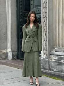 Áo khoác blazer kẻ sọc cổ điển thanh lịch cho nữ đi làm - Chân váy đuôi cá kẻ sọc - Bộ 2 món màu xanh lá cây - màu xanh lá - Xem 4