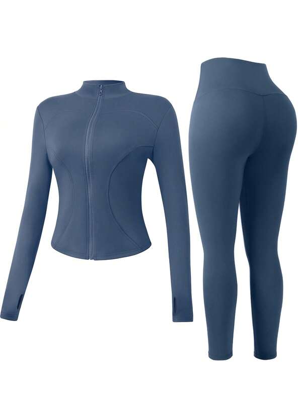 NcmRyu 1 Set Women Elastic Sports Minimalist Mock Neck Zip Design Waist Cinching Butt Lifting Sexy Long Sleeve Top And Pants Activewear Set