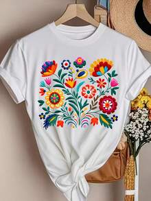 Camiseta de Impresión de Letras de Festival Floral Colorido Mexicano, Top Casual de Manga Corta y Cuello Redondo para Mujeres - Blanco - Ver 2