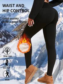 1件秋冬季保暖瑜伽裤，修身腰部休闲瑜伽运动紧身裤，带侧袋 - 黑色 - 查看 2