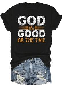 Camiseta "Dios siempre es bueno" para mujer y unisex, de verano, casual, transpirable, con personalidad, cuello redondo, manga corta, ropa de calle, versátil, adecuada para adolescentes y adultos - Negro - Ver 1