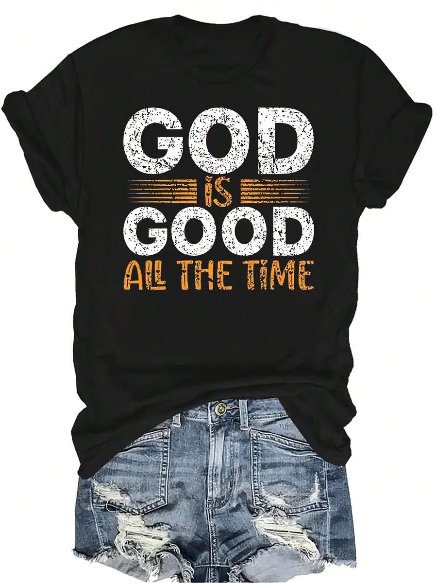 Camiseta "Dios siempre es bueno" para mujer y unisex, de verano, casual, transpirable, con personalidad, cuello redondo, manga corta, ropa de calle, versátil, adecuada para adolescentes y adultos - Negro - Ver 1