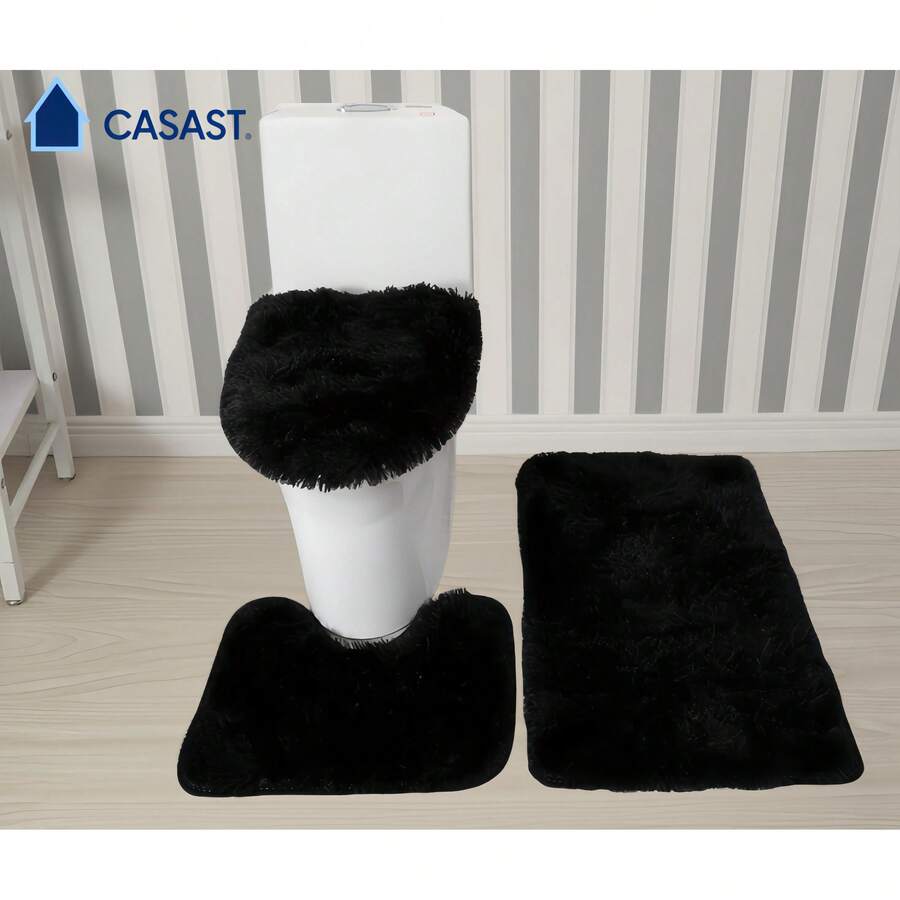 Juego completo para baño 3 en 1: cubierta de inodoro + alfombrilla + reposapiés de felpa, alfombra para baño, diseño cómodo y decorativo - azul claro - Ver 1