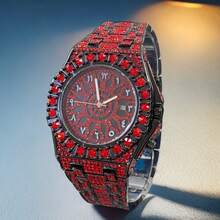 1pc New Men's Hip-Hop Watch Date Party Dial Large Diamond Green Ice Diamond Clock Fashionable Quartz Watch Luxurious Men's Luminous Hand Clock - one-size - View 15