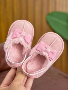 0-1 岁婴幼儿女童鞋，室内家居魔术贴蝴蝶结休闲软底可爱毛绒婴儿女童拖鞋，秋冬