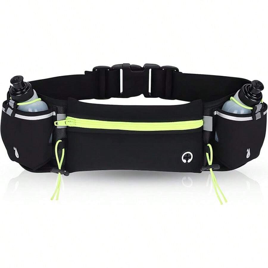 Cangurera Deportiva con Botella de Agua - Riñonera para Correr con 2 Botellas de Agua, Cinturon para Correr Regulable con Bolsillos de Auricular y Teléfono - Verde - Ver 1