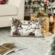 1 față de pernă cu imprimeu de Crăciun fericit, om de zăpadă și pin, imprimare pe o singură față, în stil rustic, asemănător inului, fără inserție de pernă, închidere cu fermoar, decor de casă de Crăciun și iarnă, potrivit pentru sufrageria sau dormitorul de sărbători, decorarea canapelei, decorul lenjeriei de pat