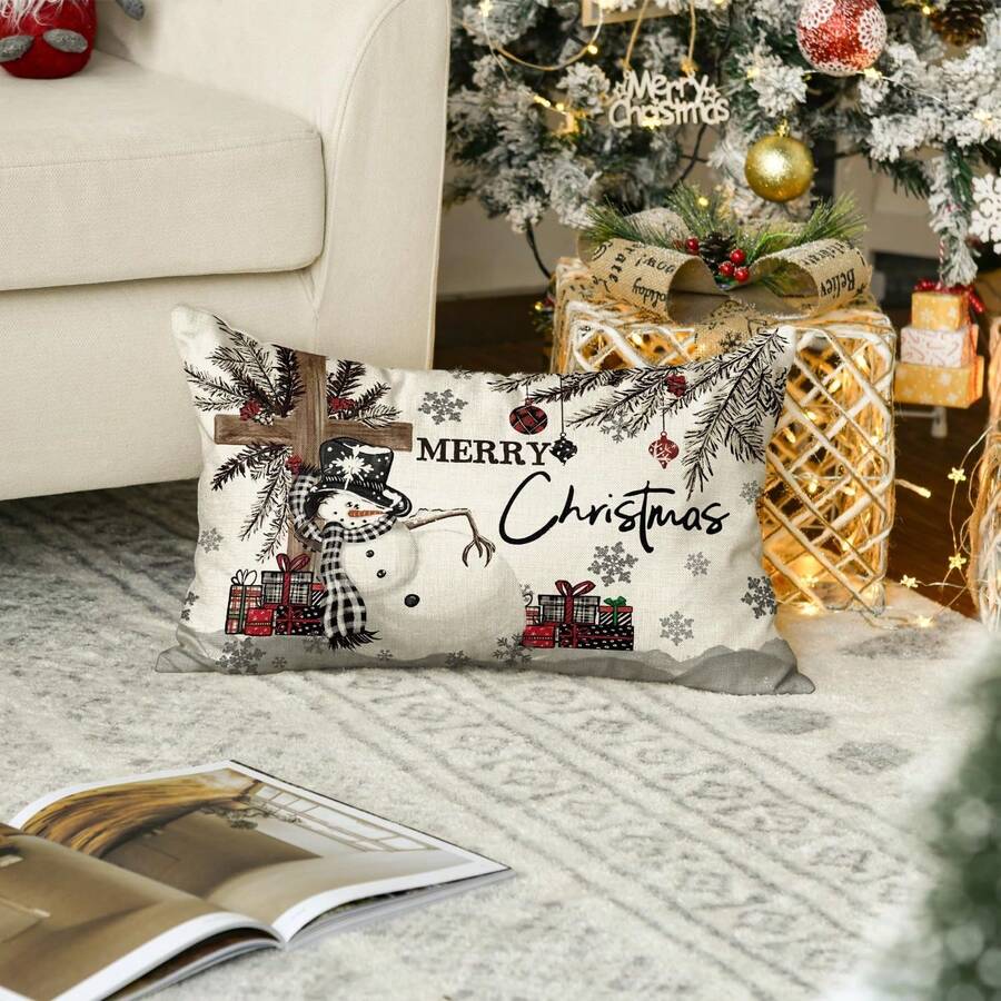 1 față de pernă cu imprimeu de Crăciun fericit, om de zăpadă și pin, imprimare pe o singură față, în stil rustic, asemănător inului, fără inserție de pernă, închidere cu fermoar, decor de casă de Crăciun și iarnă, potrivit pentru sufrageria sau dormitorul de sărbători, decorarea canapelei, decorul lenjeriei de pat