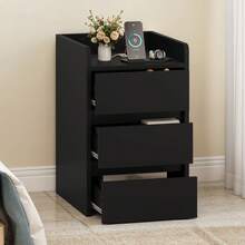 Bedside Table With 3 Drawers & Power Station, Nightstand End Table, Water-Resistant Storage Side Table, 35x40x59cm -By GeoTower- - Black - View 3