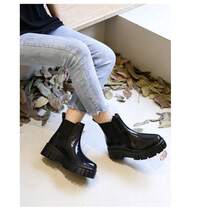 Zapatos de goma engrosados ​​de moda para mujer, botas de lluvia de tubo corto Chelsea, zapatos de agua antideslizantes - Negro - Ver 4