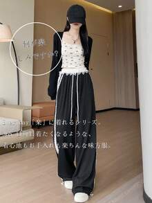 Free Shipping | Spring Clothing For Women, Comfortable And Easy-To-Wear Lace Patchwork Soft Pants (Women's) New Spring Collection. The High Waist And Relaxed Silhouette Create A Slimming Effect, Offering Two Ways To Wear These Casual Sports Pants And Sweatpants. Perfect For Daily Commutes, Comfortable Wear At Home, Summer Wear, And Office Casual. - 黑色常規長度 - 查看 2