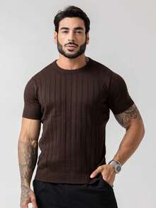 TRICOT DE LUXO Men's Lightweight Textured Knit T-Shirt, High Quality, Spring, Summer, Autumn, Premium Quality - 鏽棕色 - 查看 2