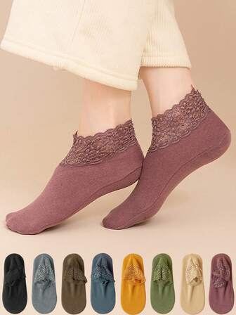 2 Pairs Of Women's Low Lace Warm Socks Retro Thick Velvet Warm Home Floor Socks Autumn And Winter Anti Socks