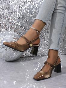 2025 春夏新款复古方头法式高跟凉鞋，时尚包头高跟鞋，性感优雅玛丽珍鞋，粗跟露背漆皮休闲/正式高跟鞋 - 淺棕 - 查看 4