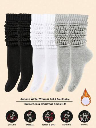 6双/3双/1双 女士秋冬宽松针织袜 宽松袜 女士堆堆袜 女士堆堆袜 女士堆堆袜 女士堆堆袜 黑色、白色和灰色 柔软、舒适、保暖、透气、时尚压缩袜 适合远足、返校、万圣节和圣诞节的完美礼物，舒适保暖