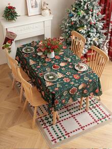 1pc Christmas Print Tablecloth With Embossed Edges, Decorative Dining Table Cover For Holiday Decor - Green Fantasy - View 8