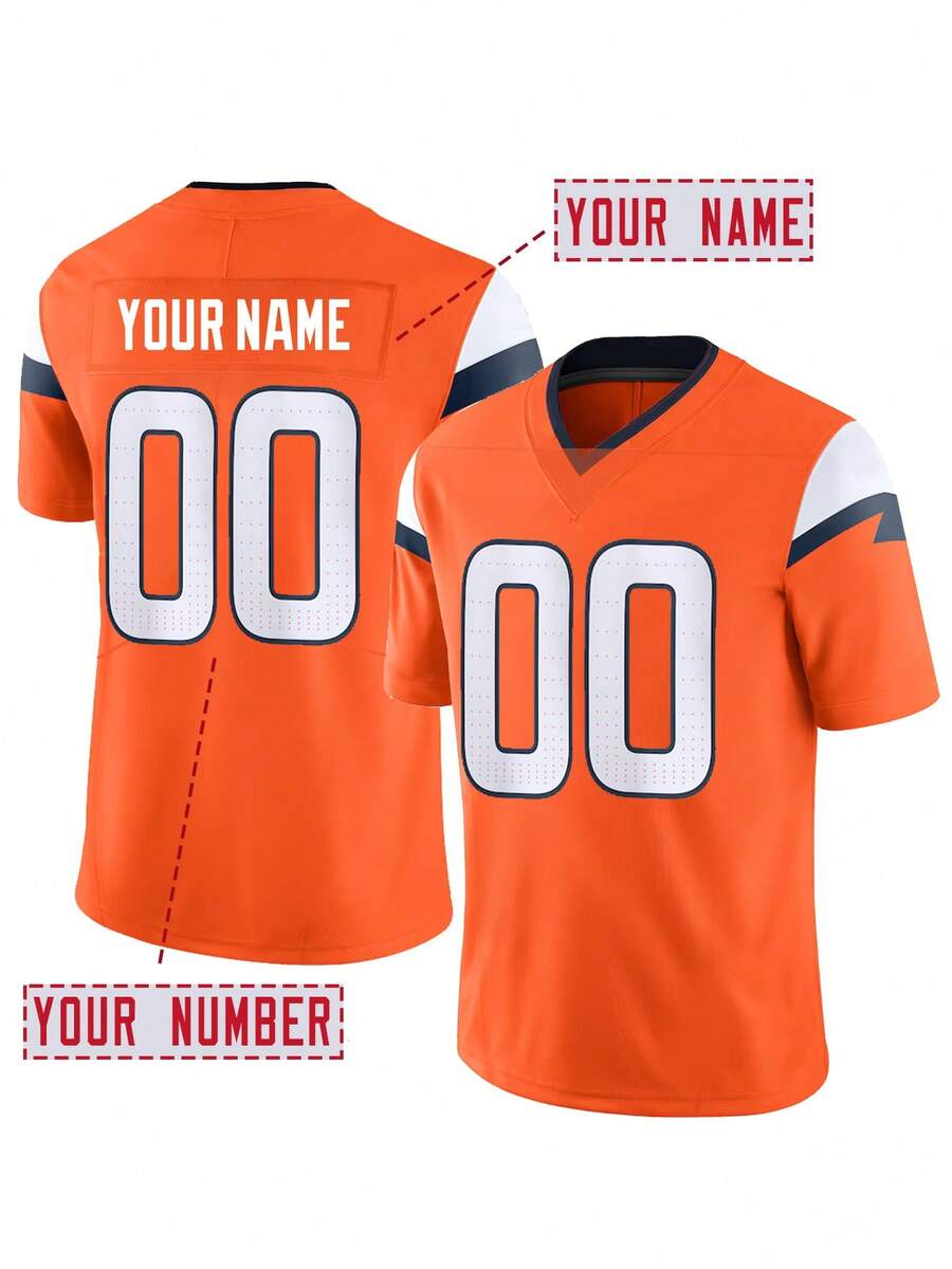 Customized Name And Number Men's Embroidered American Football Jersey Denver Orange V-Neck Personalized Short Sleeved Shirt Party Game Training Competition Sports Top DIY S-XXL