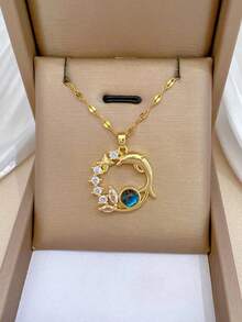 1pc Stainless Steel Ladies Necklace With Moon Shape Pendant Decorated With Starry Sky Stone And Rhinestone {Necklace Box Not Included} - 金子 - 查看 8