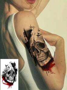 1pc Fashionable Skull Temporary Tattoo, Multipurpose Unisex One-Time Tattoo Sticker, Easy To Apply And Remove, Suitable For Body Art Fake Tattoo Stickers For Men And Women, Ideal For Halloween Party Art Decoration DIY Gift Stickers