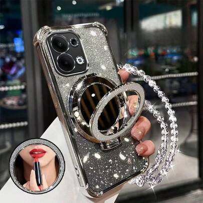 17英寸防震手机壳 + 亮粉色串珠挂绳 + 亮粉色圆形化妆镜 + 磁吸支架，兼容 17 Pro/16 Pro Max/Air，Galaxy S25/S25 Plus/S25 Ultra A07 A17 XM HW A5/