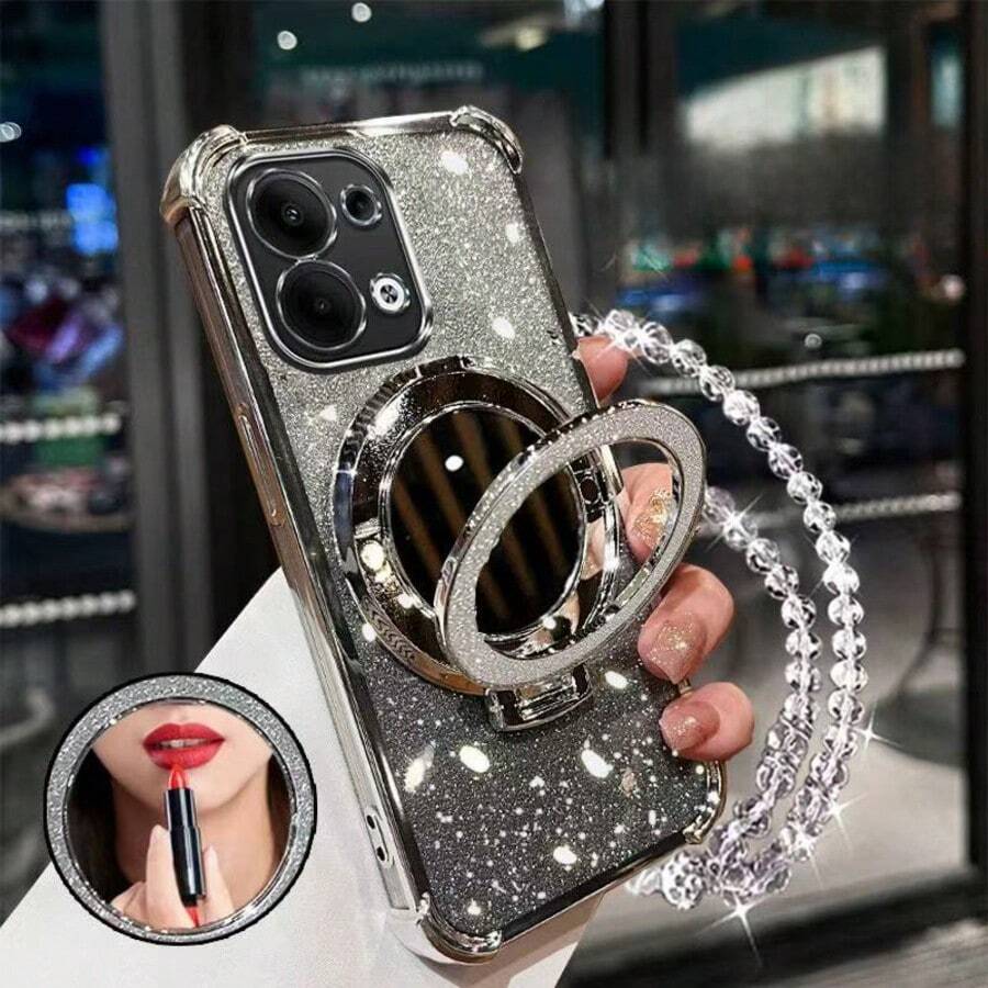 17英寸防震手机壳 + 亮粉色串珠挂绳 + 亮粉色圆形化妆镜 + 磁吸支架，兼容 17 Pro/16 Pro Max/Air，Galaxy S25/S25 Plus/S25 Ultra A07 A17 XM HW A5/