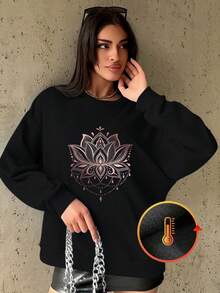 1 Stück Lotus Blume Mandala Kunst Grafik Muster Damen Sweatshirt, lässig mit Fleece gefüttert, Rundhalsausschnitt, das perfekte Geburtstagsgeschenk, Urlaubsgeschenk - Schwarz - Übersicht 1