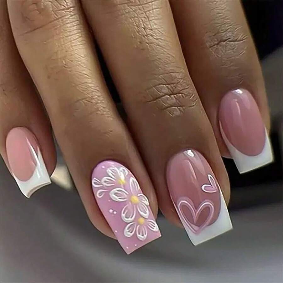 Square Press On Nails Medium Fake Nails White French Tip False Nails With Flower Heart Design Glue On Nails Pink Acrylic Nails Glossy Full Cover Stick On Nails For Women Manicure 24Pcs - 白色尖端 - 查看 1