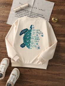 1 hanorac casual cu imprimeu pentru fete, cu guler rotund, îmbrăcăminte pentru studenți, mânecă lungă, toamnă/iarnă - Caisă - Vizualizare 3