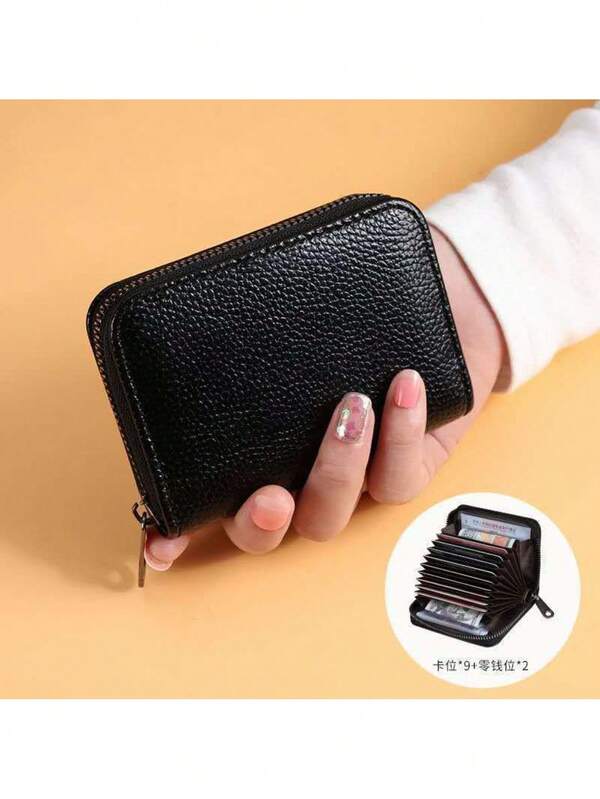 Carteira compacta feminina de couro com porta-cartões e bolsos elegantes, modelo 1002