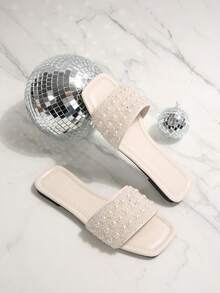 Plus Size Women's Slip-On Rhinestone Embellished Sandals, Casual Versatile Outdoor Non-Slip Flat Slippers