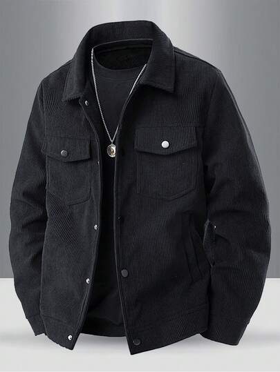 Teens' Casual Solid Color Chest Flap Pocket Decoration Corduroy Collar Jacket, Suitable For Spring And Autumn Outdoor Wear