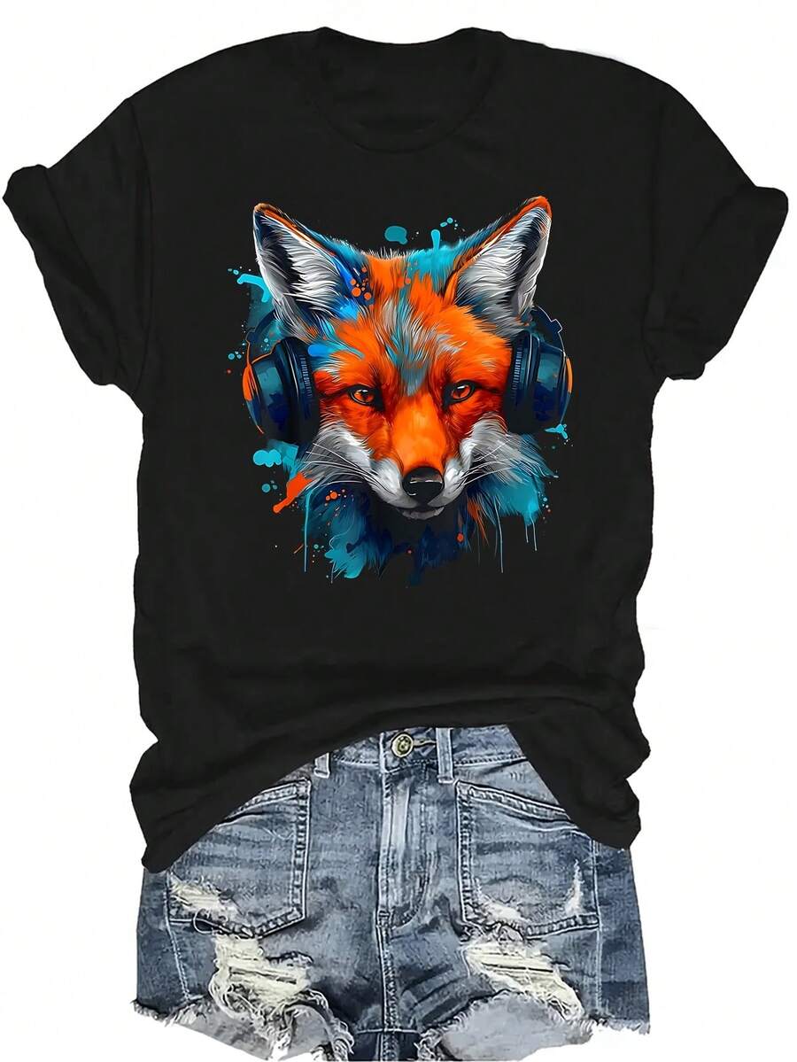 Camiseta de mujer y unisex de manga corta con diseño de auriculares y zorro, de estilo casual y transpirable, con cuello redondo, adecuada para adolescentes y adultos - Negro - Ver 1