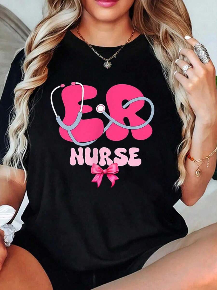 100% Cotton Emergency Department Emergency Nurse ER Nurse 2 Sided T-Shirt Outfits For Women - 黑色 - 查看 1