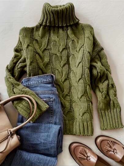 Autumn And Winter Elegant Fashion Casual Comfortable Brown Twisted Rope Sisal Pattern Textured High Neck Long Sleeve Sweater Knitted Pullover,Fall Clothes For Women, Winter Clothes For Women,Fall Tops,Work/Office, Business Casual Woman