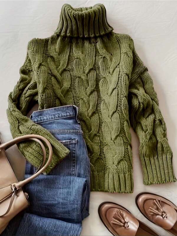 Suéter de cuello alto de manga larga con textura de patrón de cuerda retorcida de sisal marrón, elegante y cómodo, para otoño e invierno. Ropa de otoño e invierno para mujer, blusas de otoño, para trabajo/oficina, estilo casual de negocios.