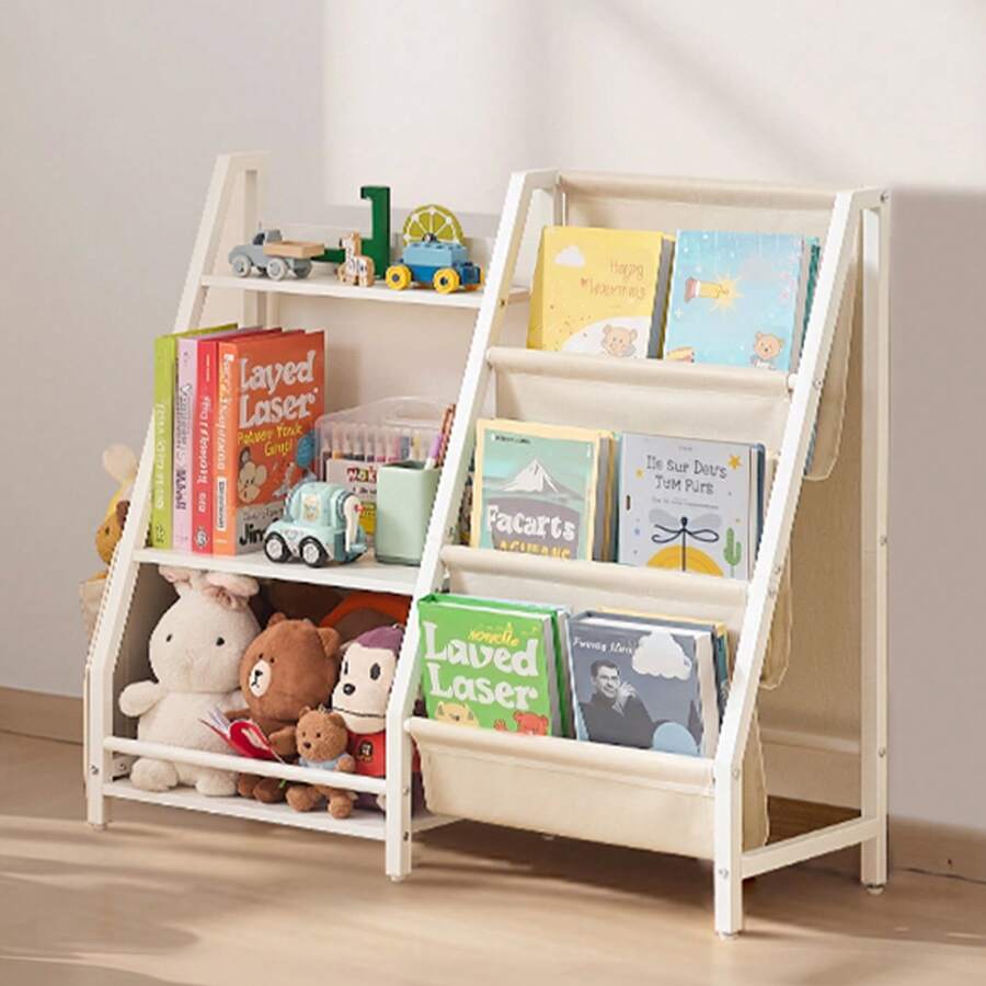 3-Tier Kids Bookshelf, Toy Storage Organizer For Toddler, Book Shelf For Kids Rooms With Sling Book Rack And Storage Bag, Kids Storage Book Shelves For Kids Room, Playroom, Kindergarten, Nursery - Kệ + Túi kim loại 31-40 inch Màu trắng - Xem 1