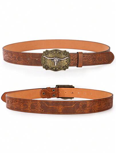 1pc Women's Western Cowgirl Embossed Vintage PU Leather Belt