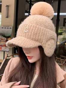 1pc Women Outdoor Cycling Warm Winter Knitted Fur Lining G Letter Plain Color Windproof Earflap Hat, Suitable For Snow Sports And Daily Use - Multicolor - View 28