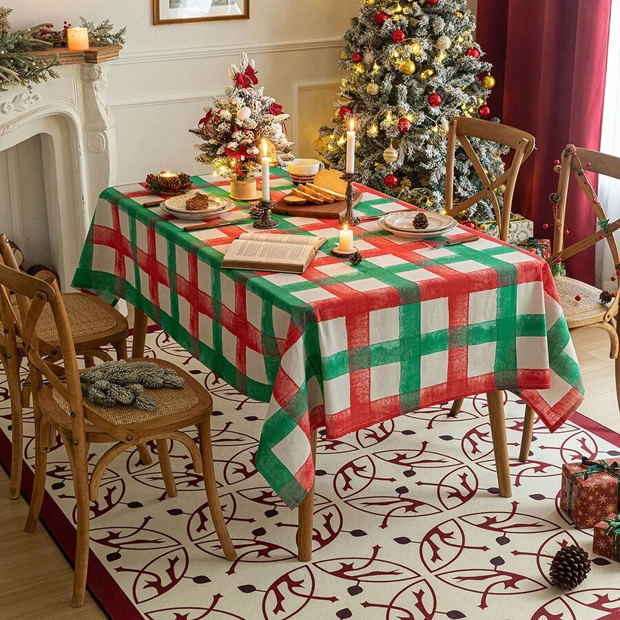 1pc Christmas Plaid Tablecloth, Red And Green Contrast Vintage American Style Dining Table, Coffee Table Cloth, Christmas Decor Background, Suitable For Christmas And Daily Decoration - Multicolor - View 1