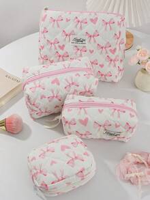 1Pc/Set Pink Heart & Bowknot Wash And Cosmetic Bag Set,Girls Sweet Large Capacity Multifunctional Storage Bag Clutch Makeup Bag Makeup Pouch Pencil Case With Zipper Closure For Skin Care,Cosmetics,Lip Oil,Sunscreen Cream,Hand Cream,Headset,Coin,Stationery,Sanitary Towel,Tampon,Small Items,Dorm Essentials Travel Essentials,Mom's Gift,Teacher's Gift,Gift For Bestie - Multicolor - View 2