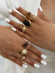 Set de 7 anillos de joyería vintage de lujo con incrustaciones de gemas de vidrio, estilo bohemio minimalista con anillos gruesos, para uso diario, decoración de vacaciones, regalo para amigos - Amarillo Oro - Ver 13