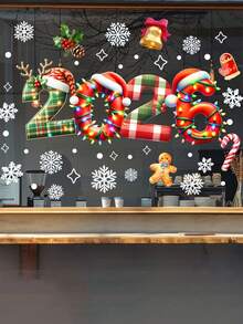 1 Set Pegatinas de ventana con copos de nieve para Navidad 2026 para tiendas, vitrinas, dígitos de vidrio para Navidad 2026, hombre de jengibre, copos de nieve, pegatinas de vidrio con patrón de bambú para decoración del hogar, decoraciones navideñas, decoración de habitación de invierno