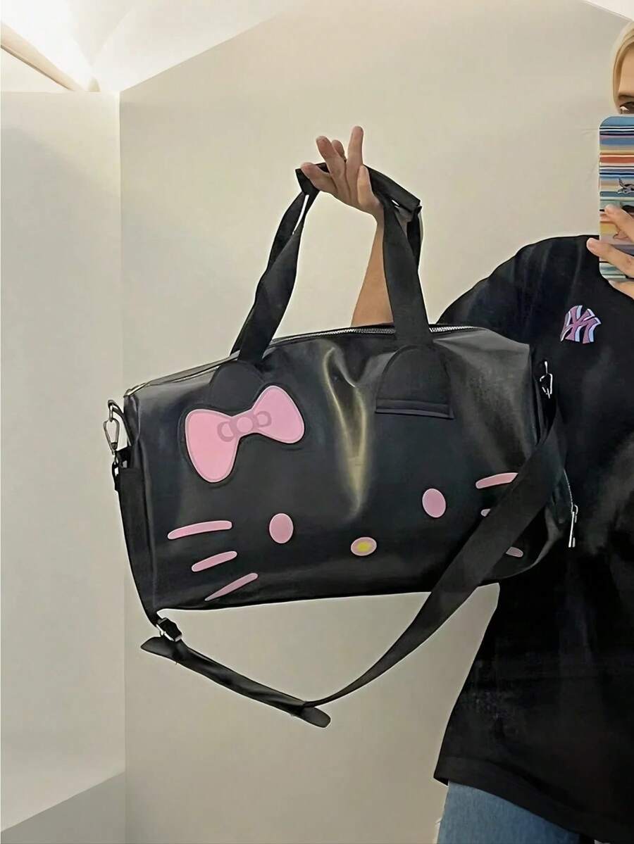 Sanrio 1 قطعة - حقيبة يد سعة كبيرة مزينة بشخصية هالو كيتي الكرتونية الكاواييي، حقيبة كتف لتخزين الألعاب، حقيبة تسوق للسفر كهدية (بعض الأجزاء قد تكون عشوائية)، حقيبة هالو كيتي الكرتونية الجميلة الكبيرة، حقيبة كتف، حقيبة عبر الجسم، جلد اصطناعي أسود، طراز قطة جميلة، حقيبة لياقة بدنية محمولة، حقيبة سفر عبر الجسم
