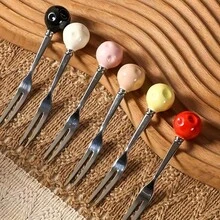 1 Set Of 7 Pieces With 6 Forks & 1 Base Ceramic Mushroom Shape Dessert Fruit Cake Fork Set With 304 Stainless Steel Forks - Suitable For Fruit, Dessert, Party Party Furniture Decoration, Christmas Gift Party Decoration